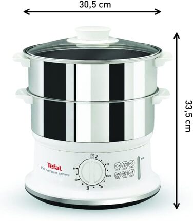 Відпарювач Tefal VC1451 2 контейнери з нержавіючої сталі Ємність 6 л Діаметр 24 см Таймер і автоматичне відключення 900 Вт Біла ЗРУЧНА СЕРІЯ