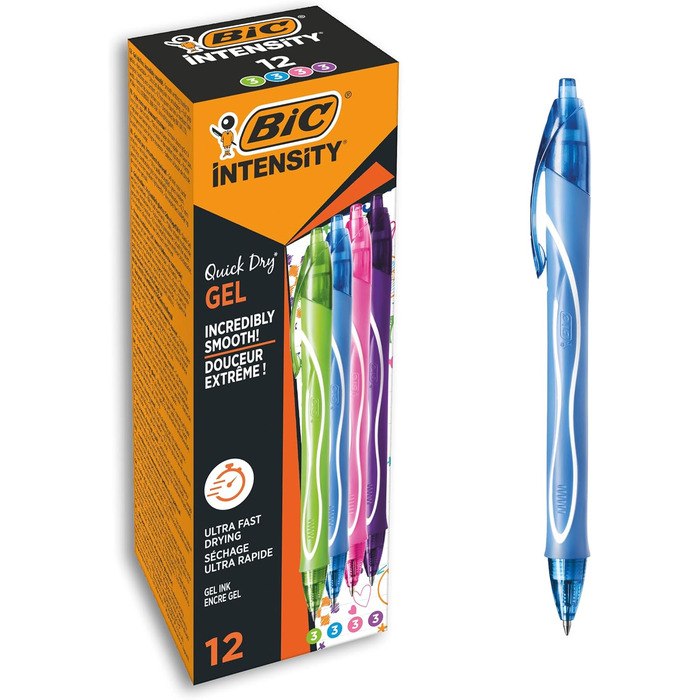 Ручка для роликів BIC 964826 Gel-ocity Quick Dry, 12 гелевих ручок 4 різних кольорів, середня ширина лінії, з прогумованою поверхнею рукоятки