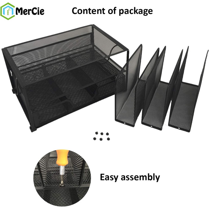 Настільний органайзер виготовлений з металевої сітки чорного кольору. МІЦНИЙ органайзер з нековзними стійкими до подряпин ніжками. ЕЛЕГАНТНИЙ дизайн. Висувний ящик для канцелярського приладдя. 1 горизонтальне відділення 5 підставок для doc letter
