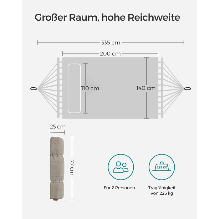 Гамак для 2 осіб, м'який, відкритий гамак з відокремлюваними бамбуковими жердинами, кемпінговий гамак з подушкою, 200 x 140 см, максимальне навантаження 225 кг, сіро-бежевий GDC34CG сірий бежевий