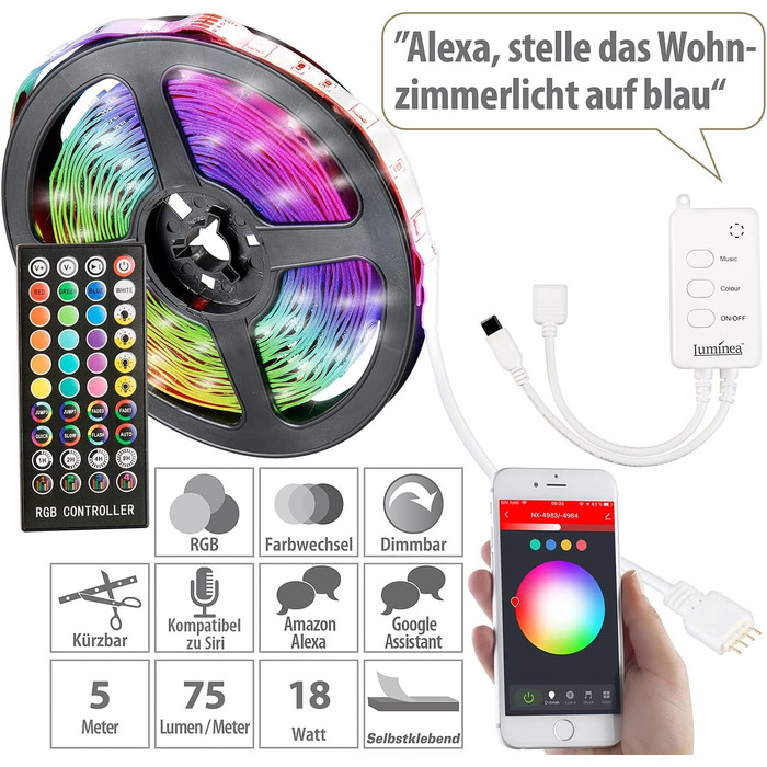 Світлодіодна стрічка Luminea Home Control світлодіодна стрічка WLAN RGB з керуванням звуком, додаток, голосове керування, 5 м (світлодіодне скляне освітлення підлоги, світлодіодна стрічка WiFi, освітлення шафи)