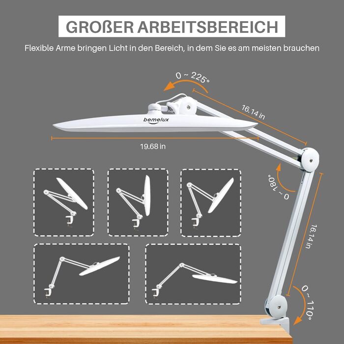 Велика поворотна світлодіодна настільна лампа Bemelux 24 Вт із затиском, супер яскрава 2200 люмен, 4 рівні яскравості з регулюванням яскравості для офісного освітлення, дому, архітекторів, шириною 20 дюймів і 117 світлодіодів SMD (білий)
