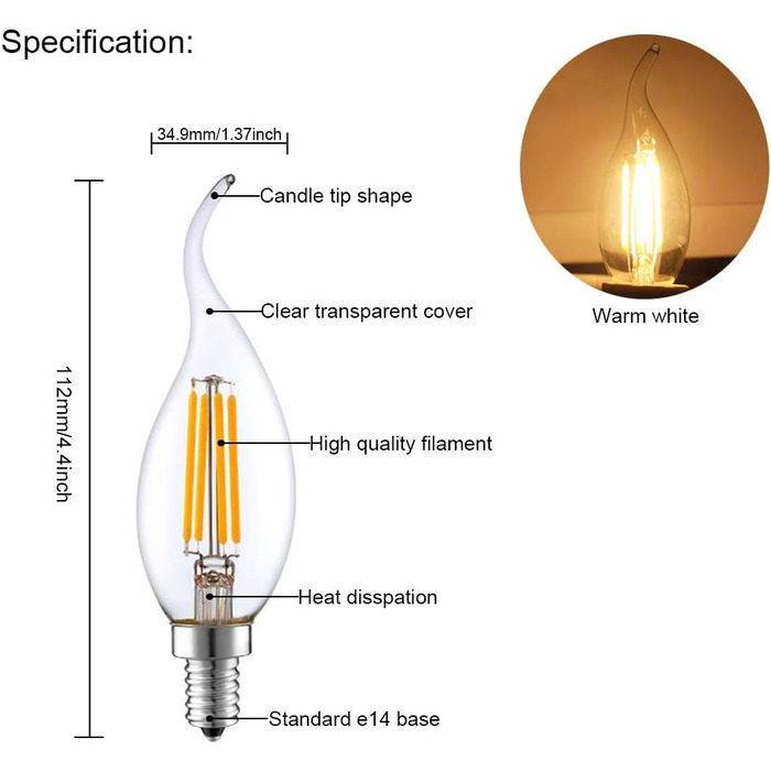 Світлодіодна лампа, полумяний наконечник E14, форма свічки, 4 Вт, 400 лм, еквівалент лампи розжарювання 40 Вт, маленький гвинт Едісона, прозора, без затемнення, 2700 К теплого білого кольору, 6 упаковок