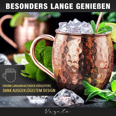 Кружки Vezato Moscow Mule Mugs 500 мл - Ковані мідні кружки з соломинками - Набір ручної роботи 4 шт. и - Мідні кружки з нержавіючої сталі