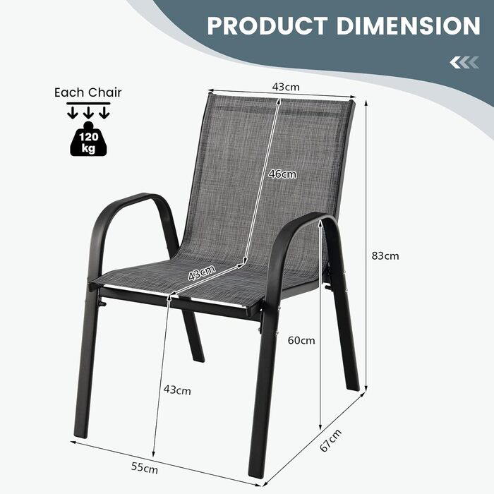 Набір з 4 садових стільців, що штабелюються, штабельоване крісло з високою спинкою з підлокітниками, крісло для патіо з текстилену та металевого каркасу, балконне крісло з навантаженням до 150 кг, 56 x 70 x 84 см, сірий сірий, 4 предмети