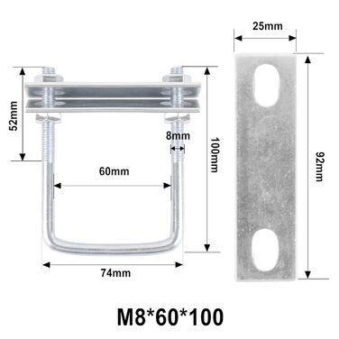 Болти U болти M8 U болти квадратні 4 шт. и U болти U болти Затискачі з гайкою Шайба рами (M8x60x100 мм)