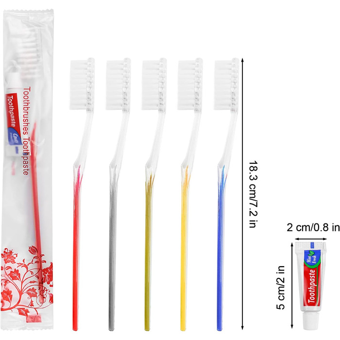 Одноразові зубні щітки, 20 упаковок одноразових зубних щіток із зубною пастою в індивідуальній упаковці для готелю/кемпінгу/будинку престарілих/благодійності (5 кольорів) 20 упаковок