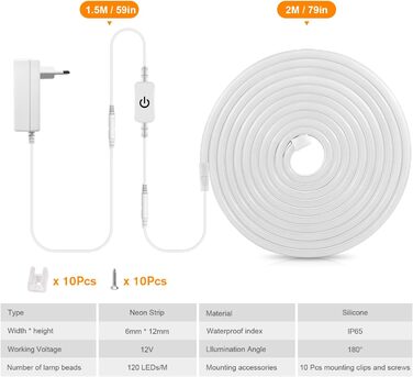 Тепла біла неонова світлодіодна стрічка Tlinkosta DC 12V, водонепроникна неонова стрічка 2M IP65, з сенсорним контролером диммера для внутрішнього зовнішнього декорування освітлення Теплий білий 2M