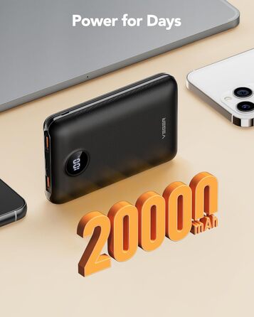 Малий 22,5 Вт, Powerbank USB C швидка зарядка зовнішніх акумуляторів для мобільних телефонів PD 3.0 QC3.0, невеликий, але потужний акумуляторний блок портативний зарядний пристрій, сумісний з iPhone iPad Samsung Tablet і т.д. Чорний, 20000mAh