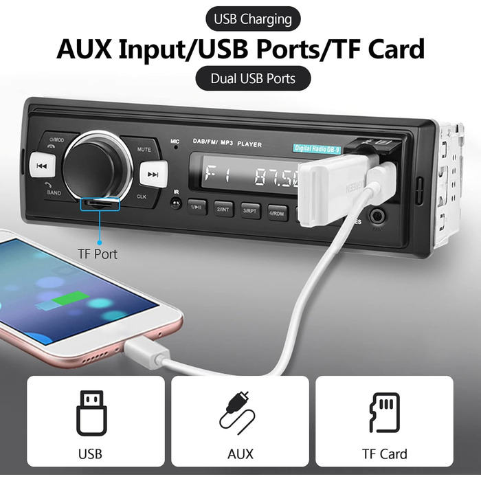 Автомобільна стереосистема Hodozzy DAB 1 Din з Bluetooth, MP3-плеєр з FM-радіо, підтримка автомобільної стереосистеми 1 Din BT Hands-free/еквалайзер/керування на кермі/USB/зарядка/TF/AUX-вхід, цифровий медіа-ресивер