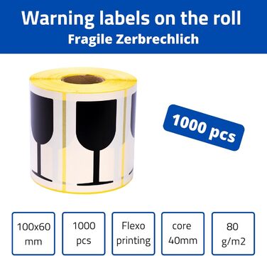 Тендітні попереджувальні етикетки в рулоні 100х60мм 1000шт. Крихкий/крихкий - Транспортні етикетки з чорного скла - Етикетки на упаковці - Наклейки з обережного скла