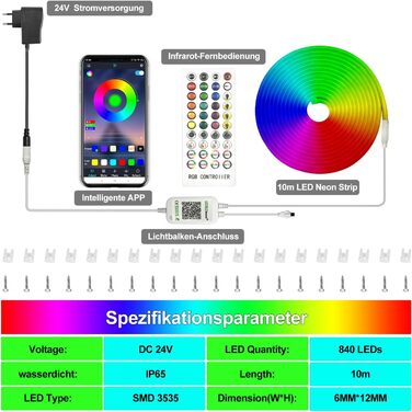 Неонова світлодіодна стрічка Calflux 12 В RGB гнучка неонова світлодіодна стрічка, водонепроникна світлодіодна стрічка IP65 з пультом дистанційного керування, для внутрішнього та зовнішнього декору (10 м)