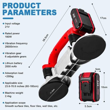 Електричний вібратор для плитки, вирівнювач плитки, акумулятор 2 x 2000 мАг з подвійною присоскою, 6-швидкісна кнопка блокування оновлення, максимальне зусилля адсорбції 400 кг
