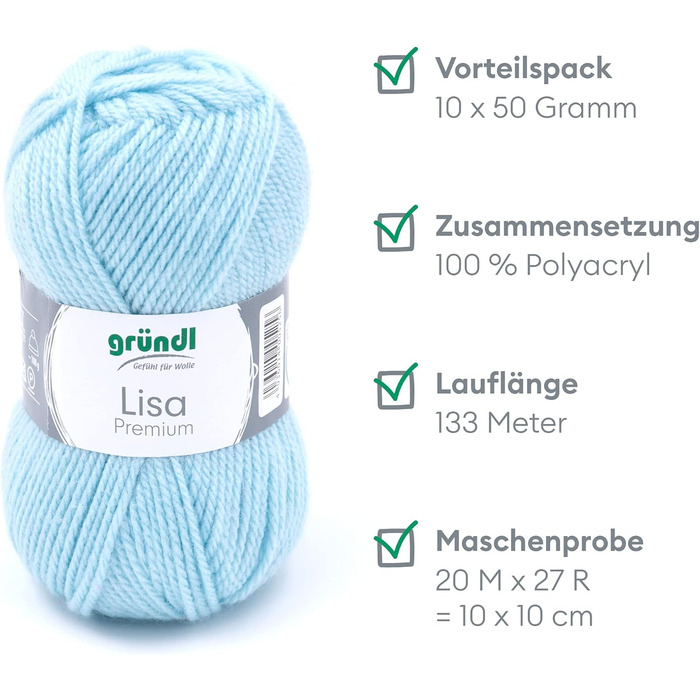 Пряжа Grndl Lisa Premium Uni Knitting & Chet Yarn (м'яка і схожа на шерсть, проста в догляді пряжа для в'язання з 100 поліакрилу, 50 г/ 133 м, розмір голки 3,5 - 4,5, 10 клубків по 50 г кожен), (світло-блакитний)