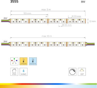 Світлодіодна стрічка Color & Ambience Pro, Ra90, 24 В, 8 Вт / м, 12 мм Дворядний RGB і CCT Рулон 5м (IP20)