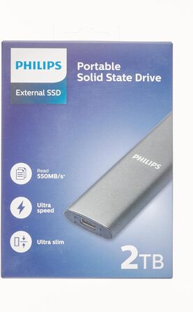 Зовнішній портативний SSD-накопичувач Philips на 2 ТБ - ультратонкий SATA Ultra Speed USB-C, швидкість читання до 550 МБ/с, алюміній