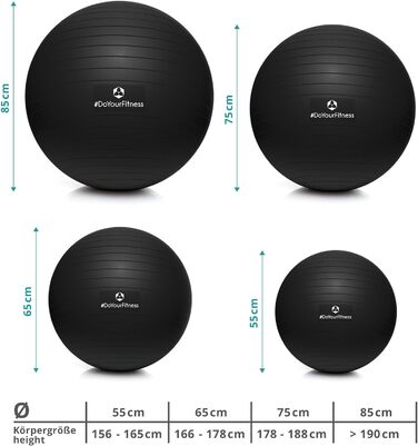 М'яч для вправ з м'ячем М'яч для фітнесу сидячи від 55 см до 85 см Захист від вибуху Тренувальний м'яч, йога, пілатес, тренажерний зал і офіс М'яч для фітнесу та баланс для основних тренувань М'яч для вагітних 65 см (зріст приблизно 166-178 см) Чорний