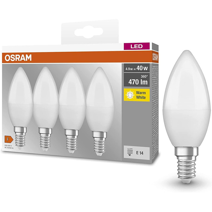 Лампа Osram Lamps LED Base Classic B, у формі свічки з цоколем E14, нерегульована, замінює 5,5 Вт 40 Вт, матова, теплий білий - 2700 Кельвін, 4 шт. (1 упаковка)