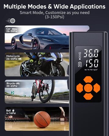 Електричний повітряний насос Pumteck, електричний насос для велосипеда, 150 фунтів на квадратний дюйм, акумулятор 7800 мАг, подвійне живлення з адаптером 12 В. Функція світлодіодного індикатора, ліхтарика та павербанка для автомобіля, мотоцикла, велосипед
