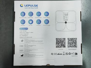 Шкала жиру в організмі Lepulse Lescale F4 pro, ваги з жировими відкладеннями та м'язовою масою, ваги для ванної кімнати з аналізом жиру в організмі, шкала складу тіла, надточні ваги тіла, тенденція, великий дисплей, 15 вимірювань тіла (білий)