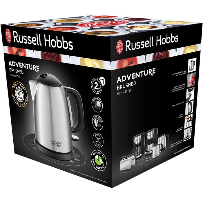 Чайник Russell Hobbs 1,0 л Adventure з нержавіючої сталі (2400 Вт, функція приготування під тиском, знімний фільтр з лаймом, зовнішній індикатор рівня води, маленький туристичний чайник) Чайник для чаю 24991-70 маленький, 1,0 л Нержавіюча сталь полірована