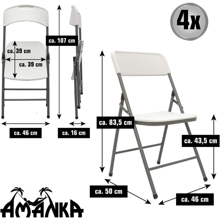 Набір складних стільців AMANKA 150 кг 4 - 50x46x83 Атмосферостійкий складаний - пластиковий балконний стілець Набір садових стільців 4 шт. и - білий