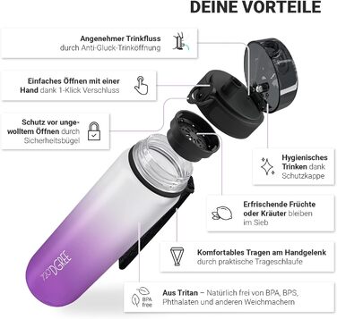 Пляшка для води 720DGREE 1л Sport 'uberBottle softTouch Sieb - BPA-Free - Пляшка для води для універу, роботи, фітнесу, велосипеда, активного відпочинку, роботи - спортивна пляшка з тритану - легка, ударостійка, багаторазова (1000 мл, 35 білосніжка бузок 