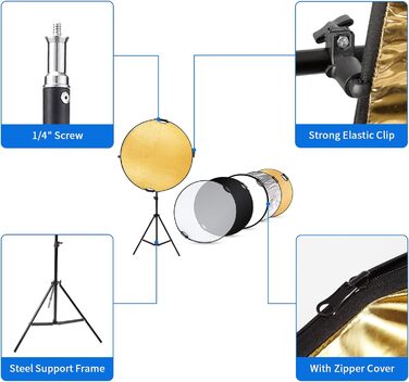 Круглий рефлектор Selens 5 в 1 110CM зі світловим штативом 200CM комплект для фотостудійної портретної зйомки, круглий відбивач Розсіювач Золото/Сріблястий/Білий/Чорний/Прозорий