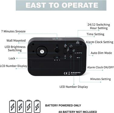 Цифровий будильник KWANWA з живленням від батареї, приліжковий годинник з РК-дисплеєм і світлодіодним дисплеєм, 12/24 години, функція відкладення, регульована яскравість, маленький годинник для спальні, офісу, столу (зелений дисплей) (чорно-зелений світло