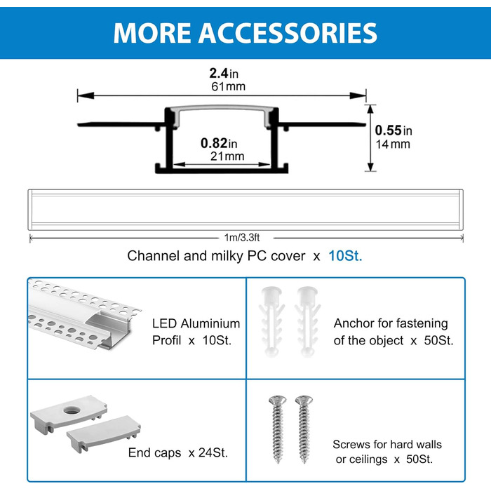 Світлодіодний профіль для гіпсокартону Efishine 6-PACK 1M, світлодіодний профіль алюмінієвий AluProfile для світлодіодних стрічок для стін і стель, світлодіодний канал із затискним дифузором і для ширших стрічок, таких як Philips Hue. (10 упаковок)