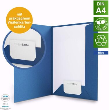 Папка для презентацій Werbegruen A4 біла високої якості Міцний, DIN A4 320 г/м картон Зроблено в Німеччині Слот для візиток Папка-конверт, папка з сертифікатами, папка для документів (синя, 100 шт. )