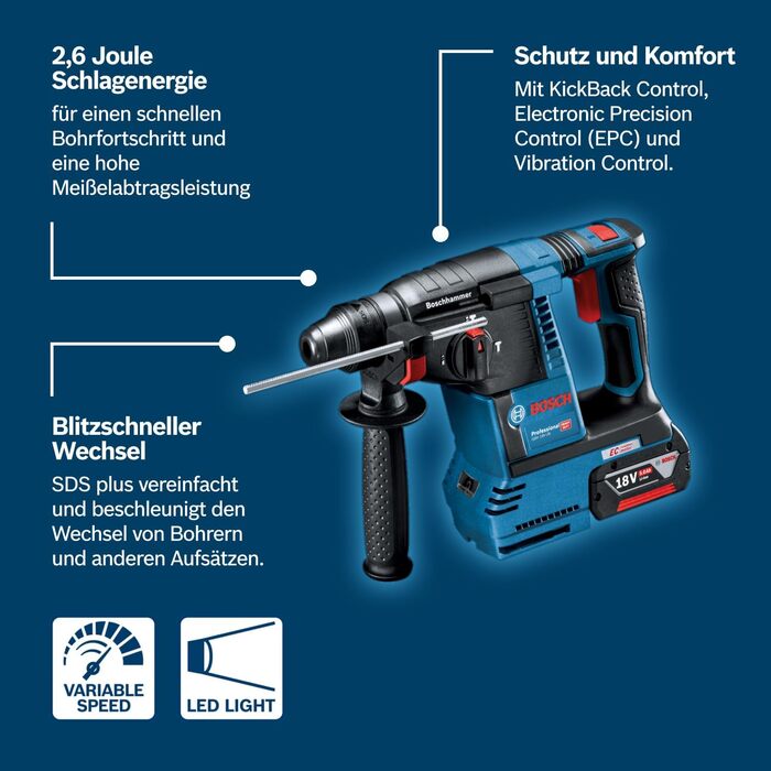 Акумуляторний перфоратор Bosch Professional 18V System GBH 18V-26 (SDS Plus, енергія удару 2,6 Дж, макс. діаметр свердління бетон/сталь/дерево 26/13/30 мм, в корпусі L-BOXX 136) в L-BOXX GBH 18V-26