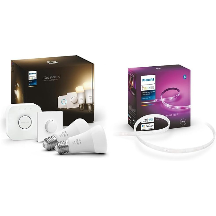 Стартовий набір Philips Hue White E27 із 2 частин, включаючи розумну кнопку та міст відтінку, 2x1055 лм і білий і полковник Lightstrip Plus 2 м база, 1600 лм, 16 мільйонів кольорів у комплекті зі світловою смугою