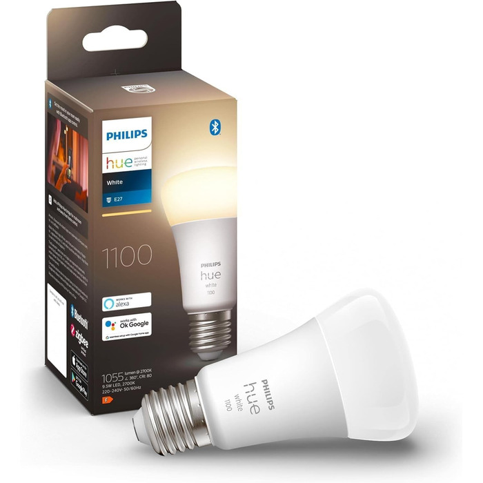 Світлодіодна лампа Philips Hue White E27 (806 лм), світлодіодна лампа з регулюванням яскравості для системи освітлення Hue з теплим білим світлом, розумне керування світлом за допомогою голосу та програми (1100 люмен, (1 упаковка))