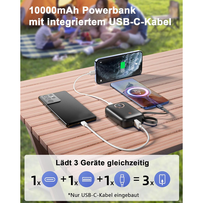 Маленький, але міцний акумулятор PowerBank із кабелем USB-C, міні-банк живлення 10000 мАг, 22,5 Вт, функція швидкого заряджання, зовнішні батареї для мобільних телефонів, USB C Input&Output Battery Pack для iPhone 16/15 Series, Samsung, Google, Android то