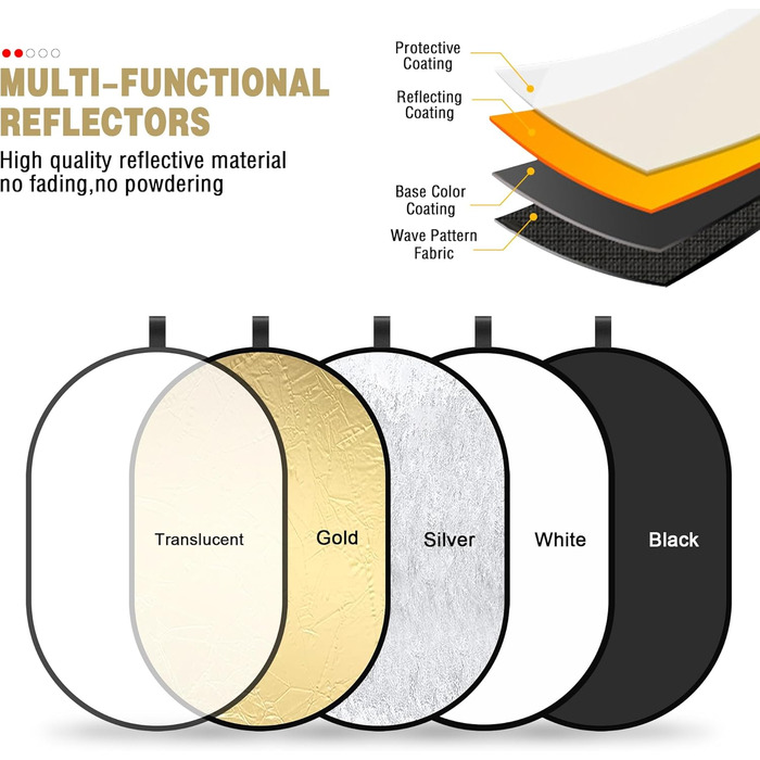 Відбивач світла 5 в 1 Фоторефлектор 60x90см Овальний розсіювач для фотографії Складаний рефлектор для портретної фотографії Селфі Весільна фотографія Зовнішнє освітлення 60x90см Напівпрозорий/Сріблястий/Золотий/Білий/Чорний