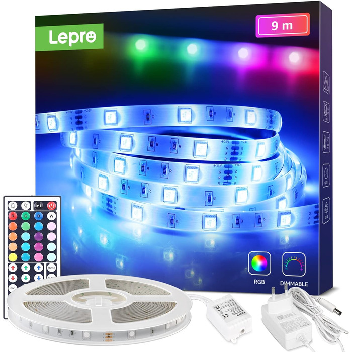 Світлодіодна стрічка Lepro RGB самоклеюча 5050 SMD, світлодіодна стрічка 24 В постійного струму, світлодіодна стрічка IP20, світлодіодна стрічка з регулюванням яскравості з блоком живлення Контролер дистанційного керування для дому, вечірки, кухні (9M)