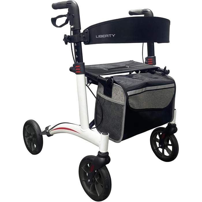 Спеціальна тростина Rollator Actimo Liberty для приміщень і вулиці регульовані по висоті ручки, задній ремінь, тримач тростини, сумка, що закривається, м'яке сидіння, з навантаженням до 136 кг, легко складається алюміній, білий