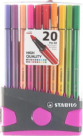 Фломастер преміум-класу - STABILO Pen 68 ColorParade - 20 серветок в - з 20 різними кольорами (антрацитовий/рожевий з підвісним язичком)