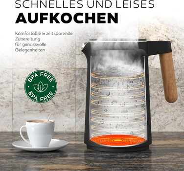 Чайник з нержавіючої сталі BALTER з налаштуванням температури, 45C-100C, подвійні стінки, без бісфенолу А, тихий і бездротовий, функція збереження тепла, чайник з дисплеєм температури, 1,5 л, 2200 Вт, чорний