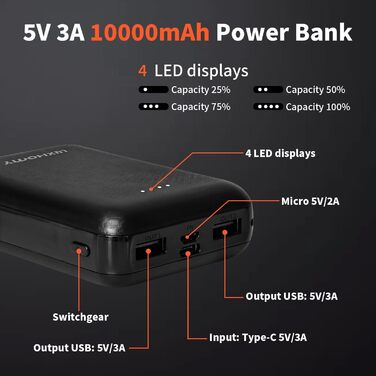 Power bank для жилета та куртки з підігрівом 10000mAh, USB-C, micro USB, 2 вихідні порти USB, сумісний з одягом на 5V