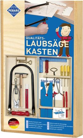Набір лобзика Pebaro 450 в дерев'яній складаній коробці, 23 деталі, столярний ящик в комплекті, дерев'яний ящик, компактний набір для рукоділля, набір лобзика німецького виробництва, вироби з дерева, ідея подарунка для дітей