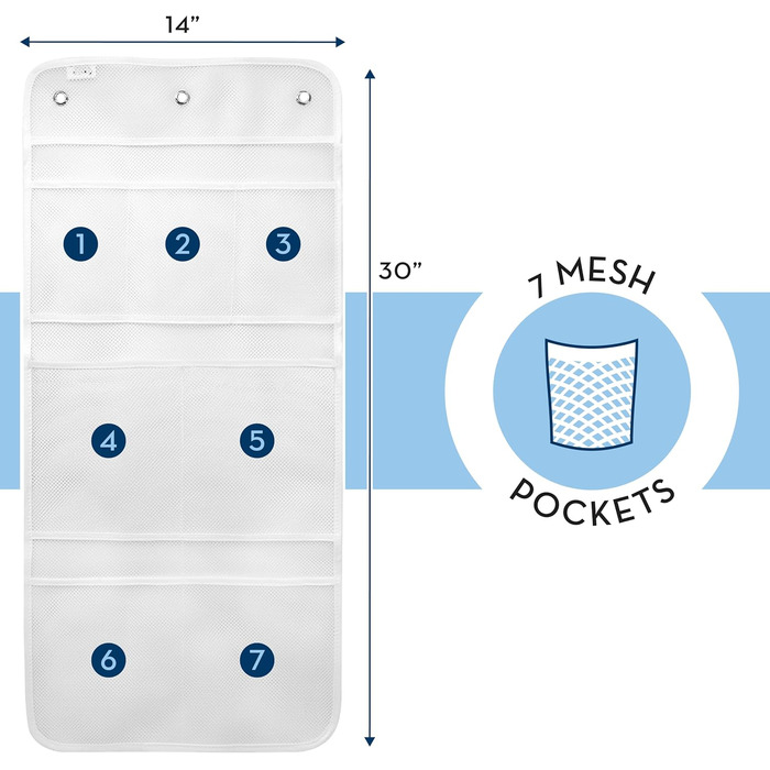 Організатор для душу з сіткою для швидкого висихання, органайзер для ванної кімнати з 7 кишенями для туалетного приладдя, шампунів, мила та мочалок, 35,6 х 76,2 см, білий, 2 шт.