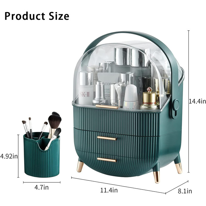 Організатор для макіяжу з кришкою на 2 частини, органайзер для туалетного столика великої місткості, портативний пилонепроникний органайзер для макіяжу, зелений органайзер для косметики TOOSOAR