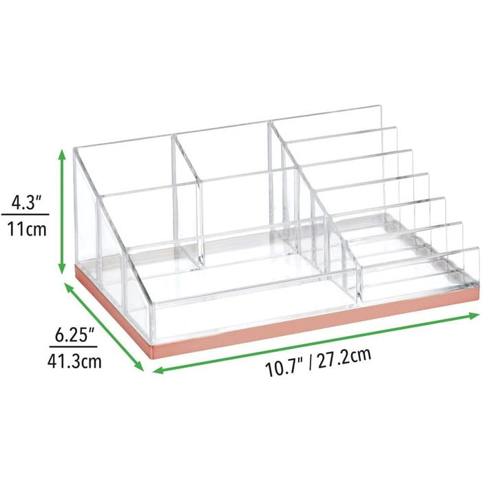 Практичний органайзер для косметики mDesign - Декоративна косметична коробка для зберігання лаку та пудри - Полиця з 10 відділеннями для зберігання косметики - Прозоре та рожеве золото Рожеве золото/Прозорий