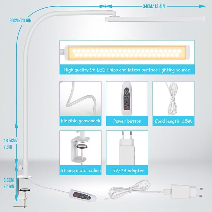 Настільна лампа BIENSER Світлодіодна затискна, 14 Вт лампа для затискача гусячої шиї, 1100LM Архітектурна лампа Робоча лампа 5 кольорів x 10 рівнів яскравості з можливістю регулювання яскравості, затискна лампа для захисту очей, офісна настільна лампа, бі