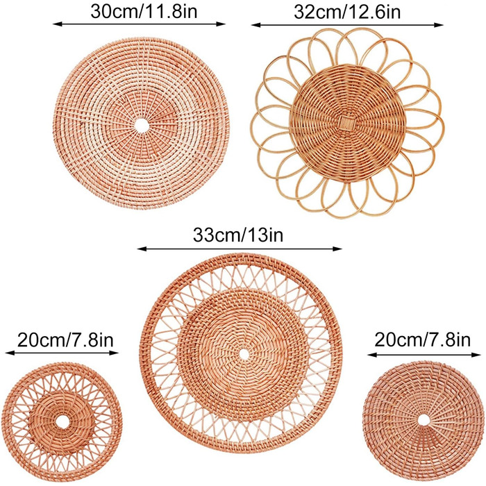 Настінний кошик Декор Набір з 5 Ротанг Бохо Прикраса стін Підвісний плетений кошик Прикраса стіни Плоский круглий плетений кошик ручної роботи для вітальні Декор спальні
