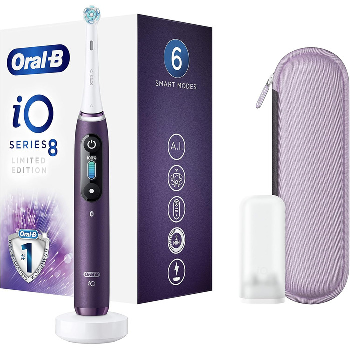 Електрична зубна щітка Oral-B iO Series 8, акумуляторна, з 1 ручкою зі штучним інтелектом, 1 щіткою та 1 дорожнім кейсом преміум класу фіолетовий 1 шт. (1 упаковка)