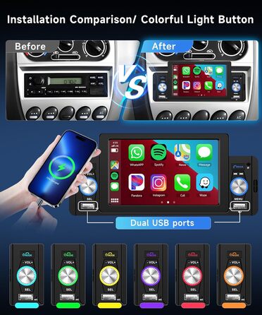 Автомагнітола Podofo Carplay 1din Android автомобіль з екраном 5', автомобільне радіо Bluetooth з навігаційним дзеркальним зв'язком FM Подвійний USB/мікрофон/AUX/відеовихід/керування кермом Камера заднього виду