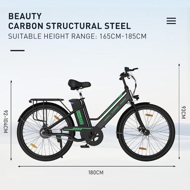 Дюймовий електронний велосипед, літієва батарея 36V/8,4Ah Ebike, електричний велосипед для жінок, чоловіків, круїзний міський велосипед, двигун 250 Вт, до 35-70 км чорний, 26-